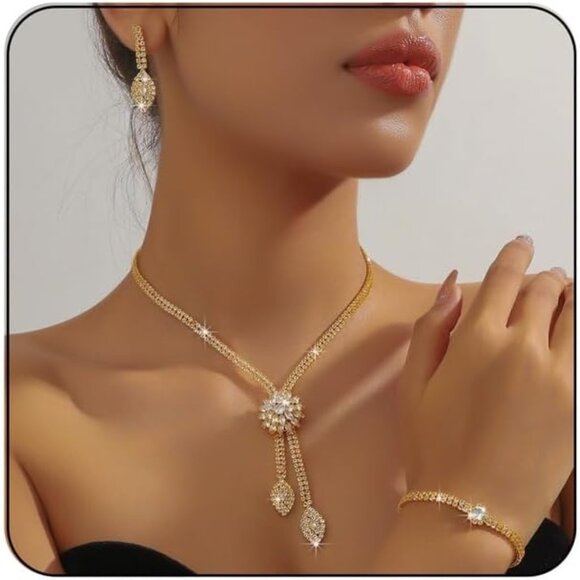 Gold Alloy Crystal Jewelry Set for Women - Earrings, Necklace & Bracelet - Picture 1 of 5